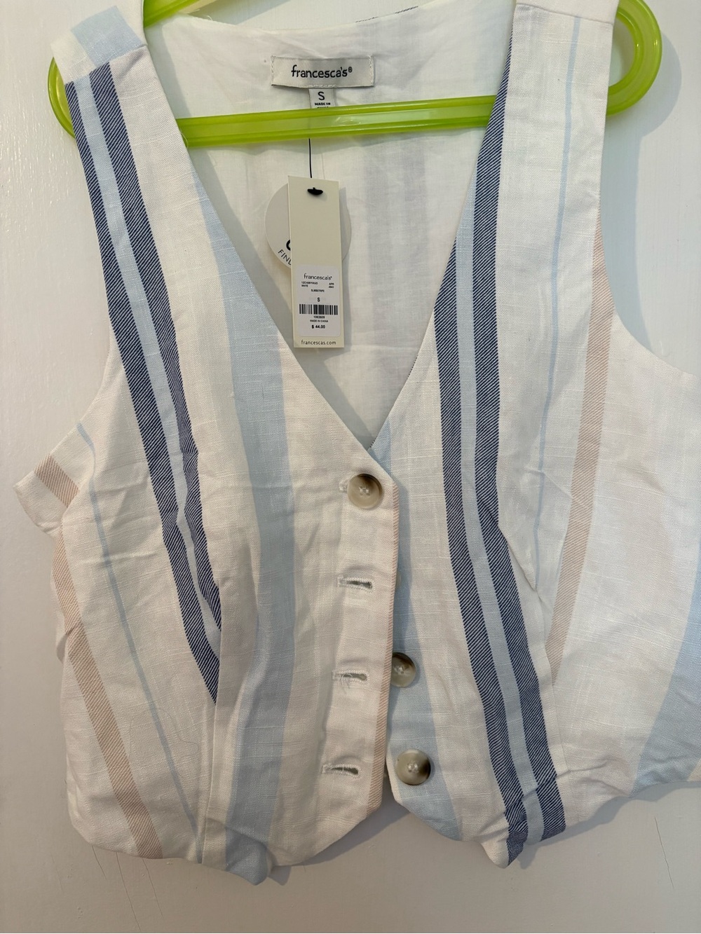 Francesca's White Linen Button Vest with Blue & Tan Stripes